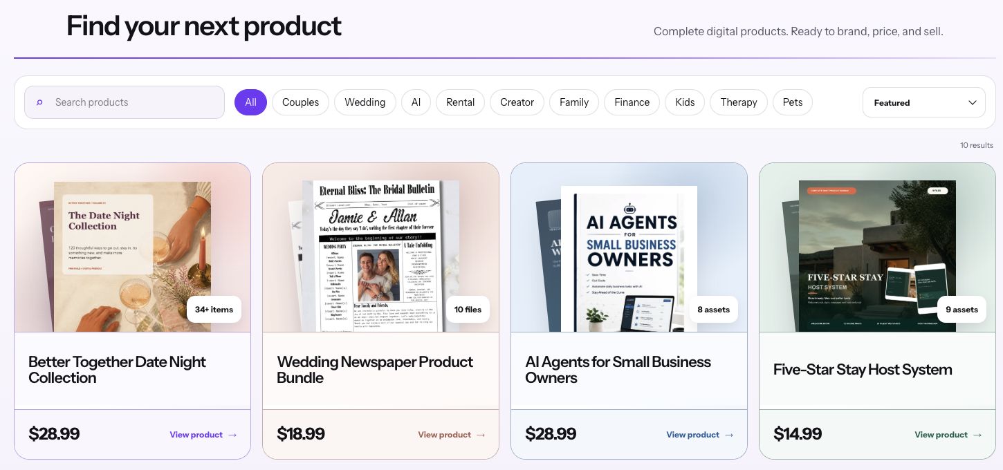 The EVOLVE PLR marketplace with Date Night, Wedding Newspaper, AI Agents, and Five-Star Stay products