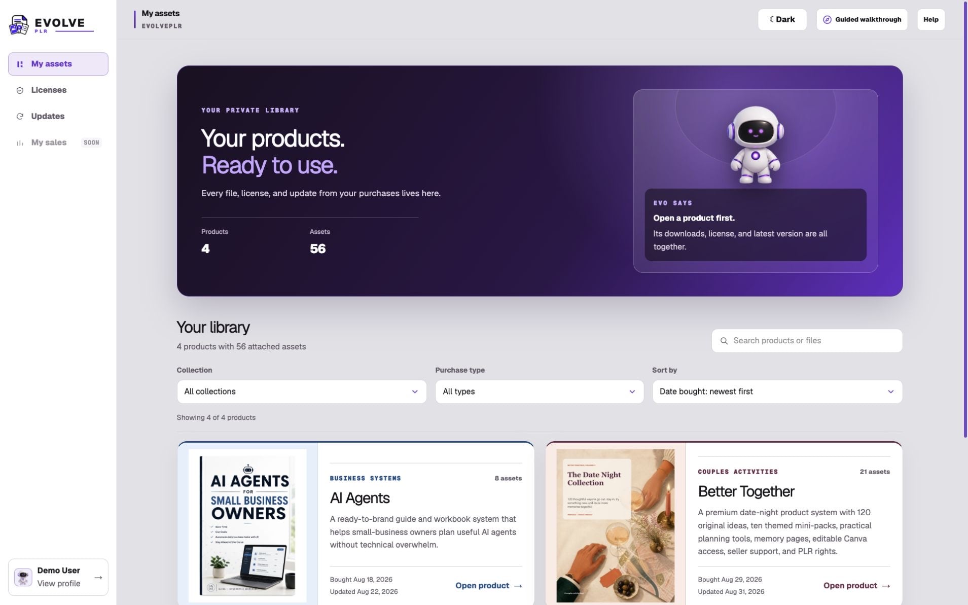 The EVOLVE PLR personal library with purchased products and files