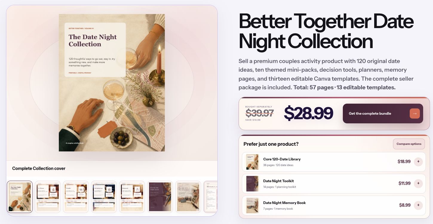 The Better Together Date Night Collection product page with its cover, previews, and purchase options